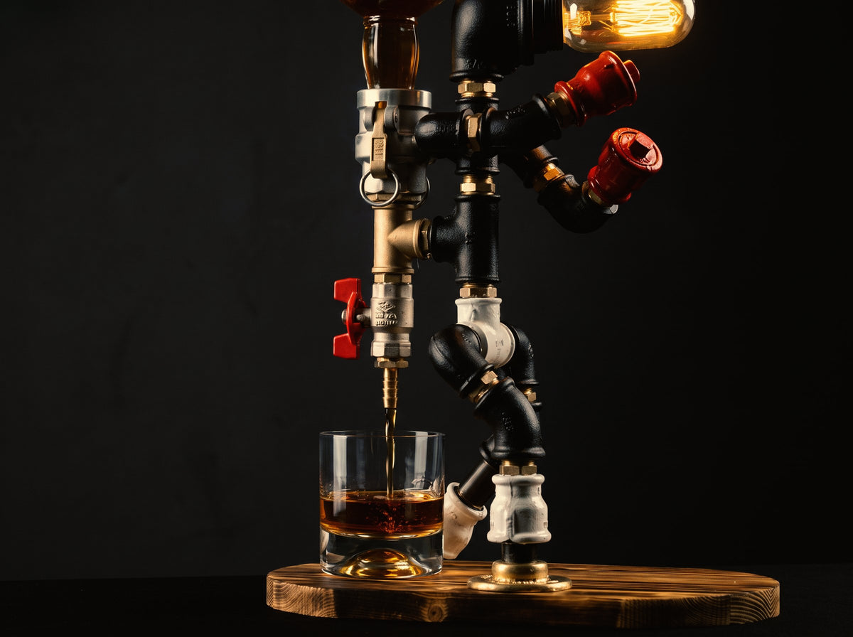 Whisky pouring from the brass tap of the Tyson dispenser