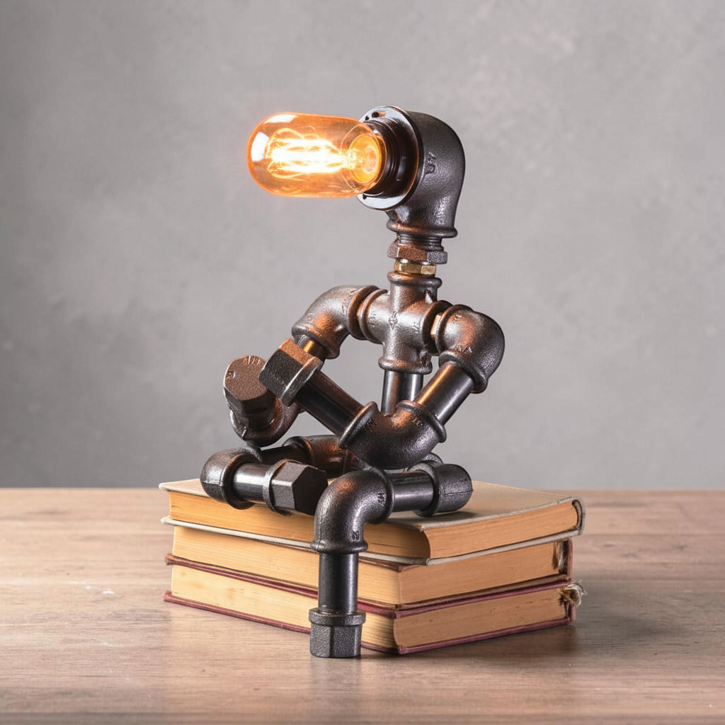 IronPunky Kapitelträumer Tischlampe aus schwarzem Temperguss in Form einer lesenden Figur mit warmem Amber-Licht