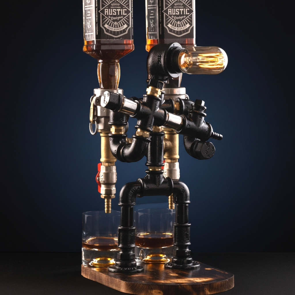 IronPunky RoboCop Spirituosenspender aus schwarzem Metall und Messing mit Edison-Lampe auf Kiefernholz-Basis
