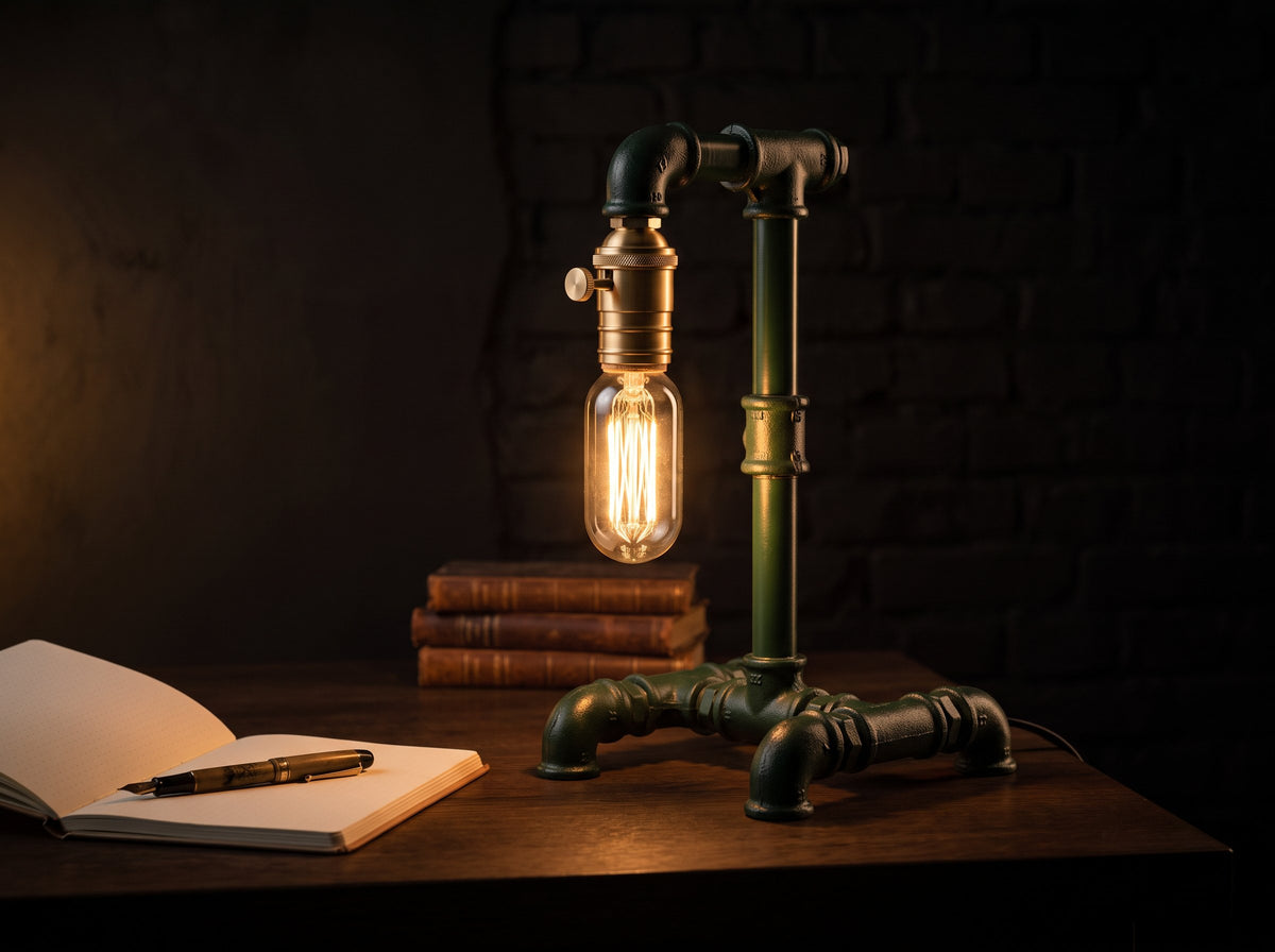 Green Glühfried pipe lamp on a writing desk at night