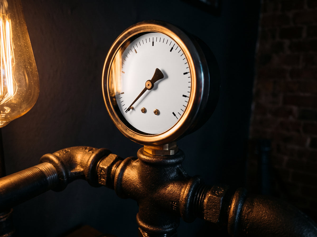 Pressure gauge and iron pipe elbow in warm light